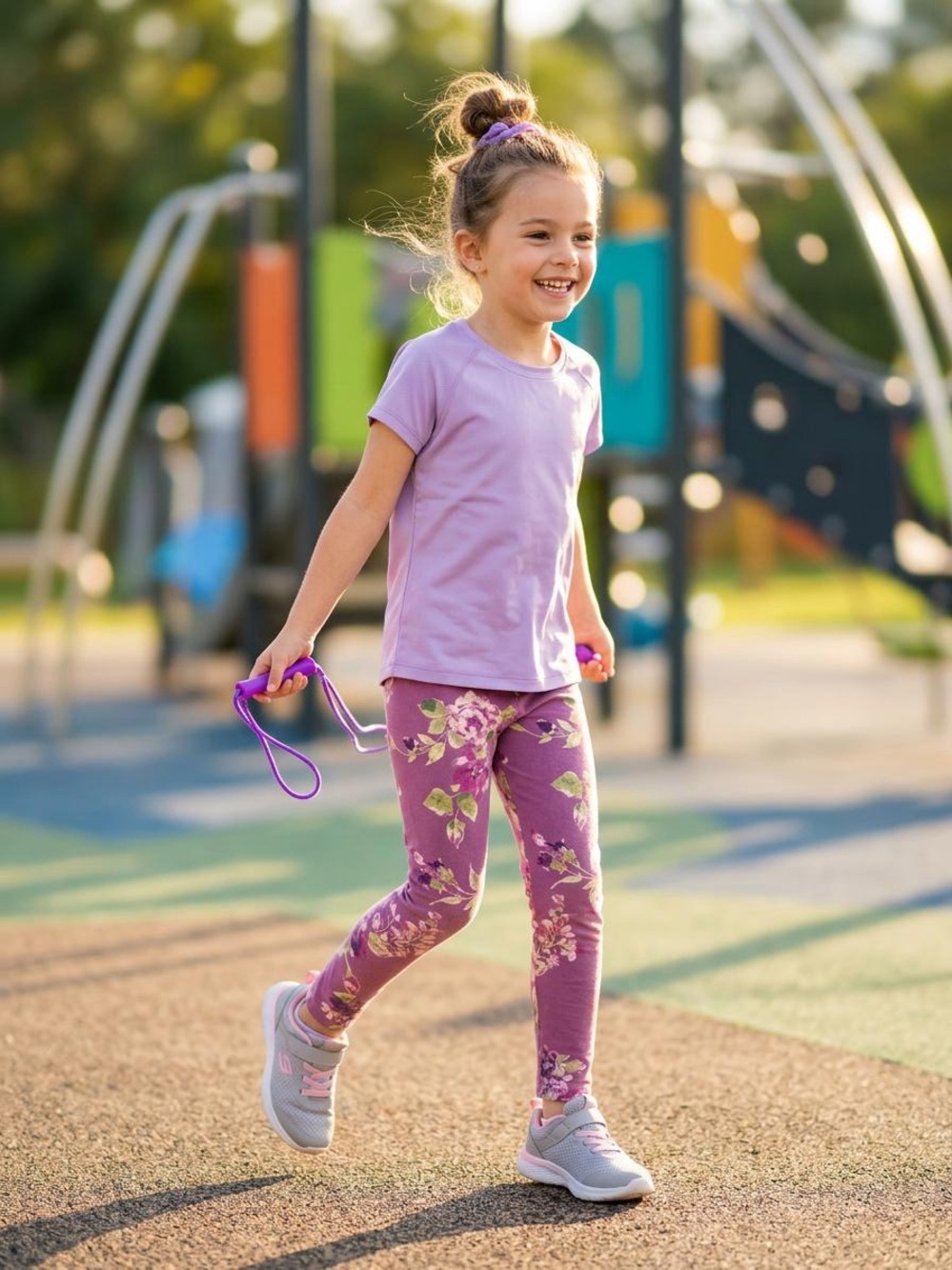 Girls' Floral Purple Stretch Leggings - Comfortable Everyday